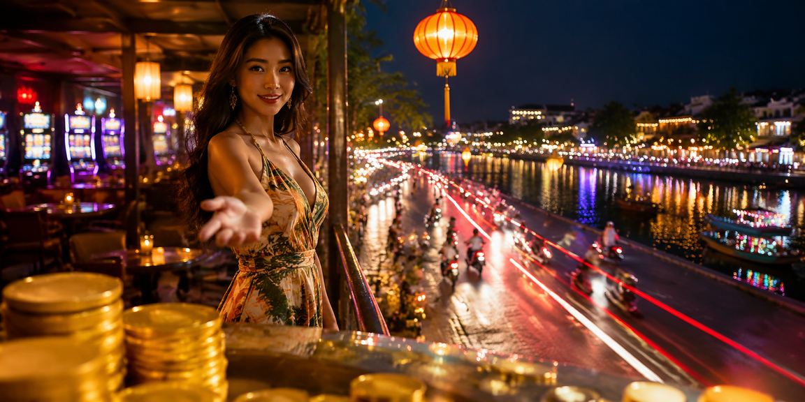 Khung cảnh phố cổ Hội An và người dùng trải nghiệm cá cược trực tuyến bên ly cà phê