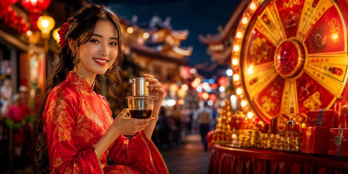 Khung cảnh quán cà phê tại Huế với người dùng thư giãn kiểm tra kết quả lucky draw và tiền thưởng